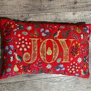 Rifle Paper Co. Red 'JOY' Embroidered Holiday Pillow with Gold Accents
